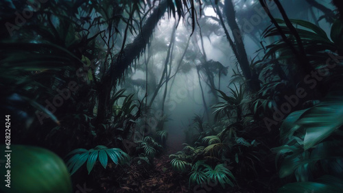 Mysterious jungle forest covered in fog. Photorealistic background