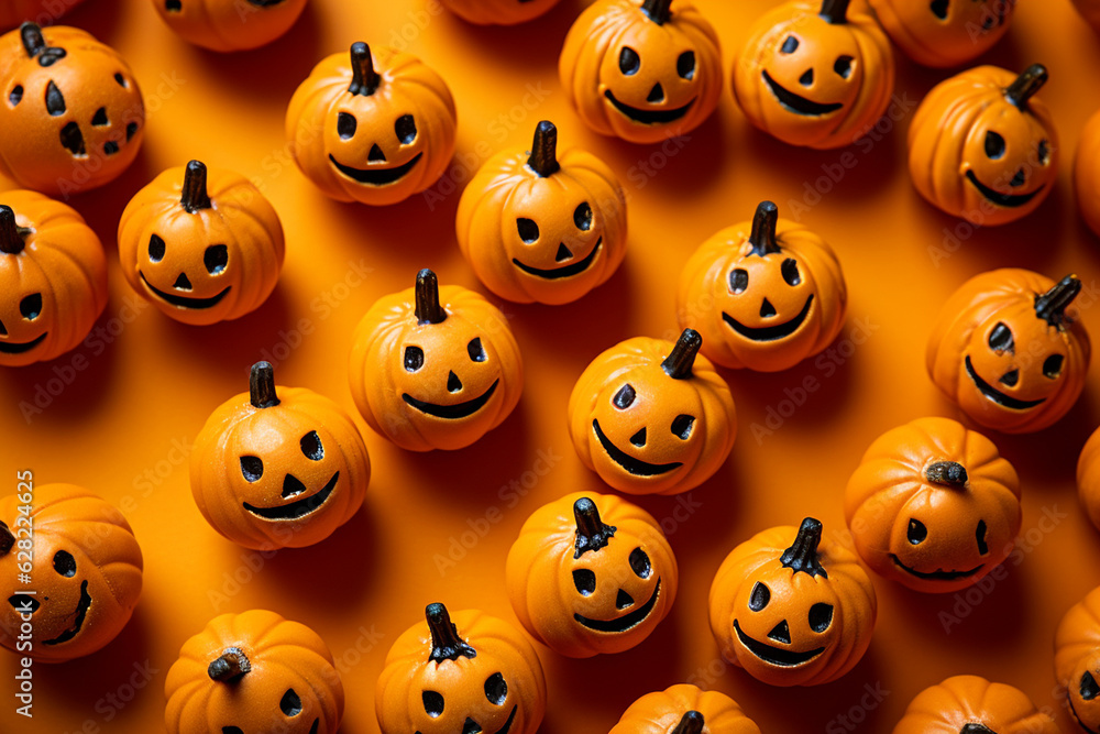 Obraz premium Halloween pumpkins, plastic toys on orange background. Jack-O-Lantern for Halloween celebration, Happy Halloween concept. Traditional october holiday. Autumn holiday background or greeting card