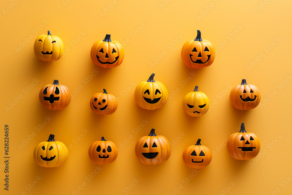 Halloween pumpkins, plastic toys on orange background. Jack-O-Lantern for Halloween celebration, Happy Halloween concept. Traditional october holiday. Autumn holiday background or greeting card Halloween pumpkins, plastic toys on orange background. Jack-O-Lantern for Halloween celebration, Happy Halloween concept. Traditional october holiday. Autumn holiday background or greeting card