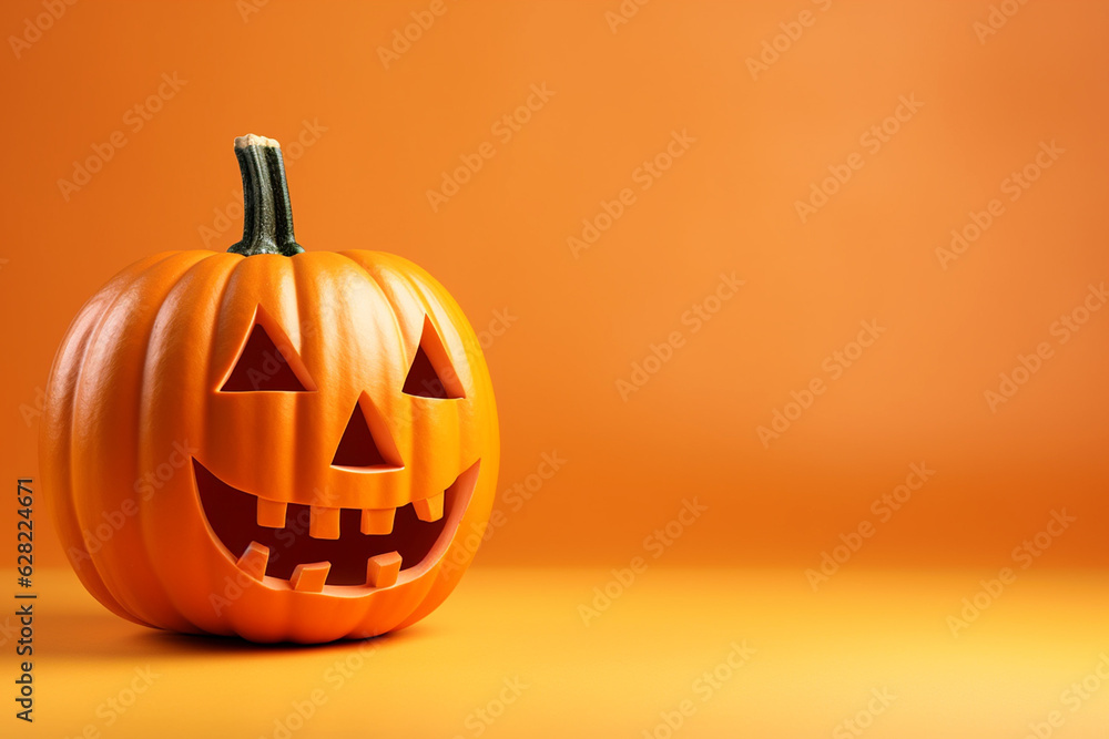 Halloween pumpkin on orange background. Jack-O-Lantern for Halloween celebration, Happy Halloween concept. Traditional october holiday. Autumn holiday background with copy space for text