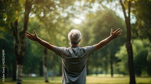 a pensioner stands in the park and stretches out his arms. enjoy life in old age, stay fit and healthy. Generative AI
