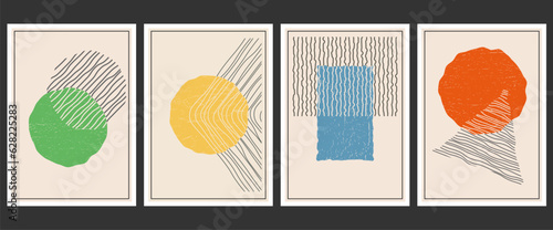 Set of backgrounds for interior design, poster and prints. Minimalistic style of distorted deformed geometric shapes. Abstract composition in flat style