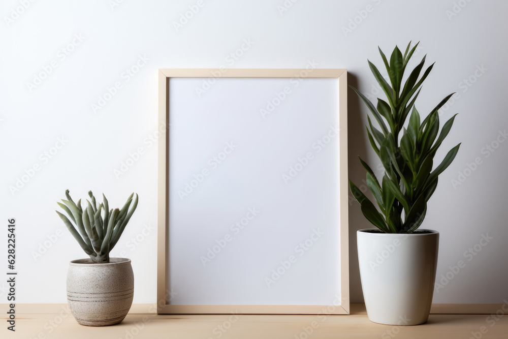 Framed Plant Picture and Modern Vases on Wooden Shelf. Mock up poster. Generative AI Framed Plant Picture and Modern Vases on Wooden Shelf. Mock up poster. Generative AI