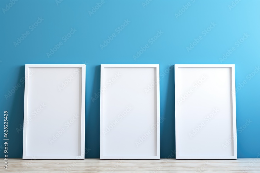 Mock up poster in a white frame on a blue wall. Generative AI Mock up poster in a white frame on a blue wall. Generative AI