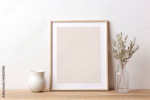 Minimalist  Frame on Wooden Surface with Vases. Generative AI