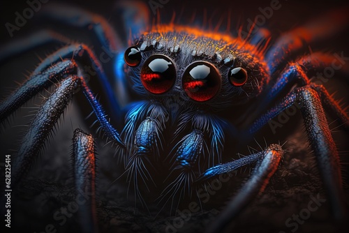 A close up of a blue spider with red eyes © pham