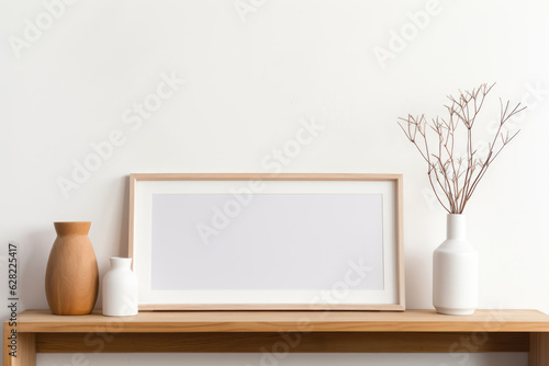 Minimalist Frame on Wooden Surface with Vases. Mock up poster. Generative AI