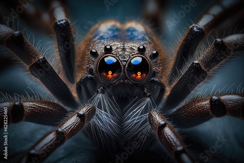 A close up of a spider with orange eyes