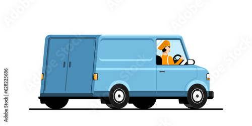 Delivery truck service with human driving on isolated background, Vector illustration.