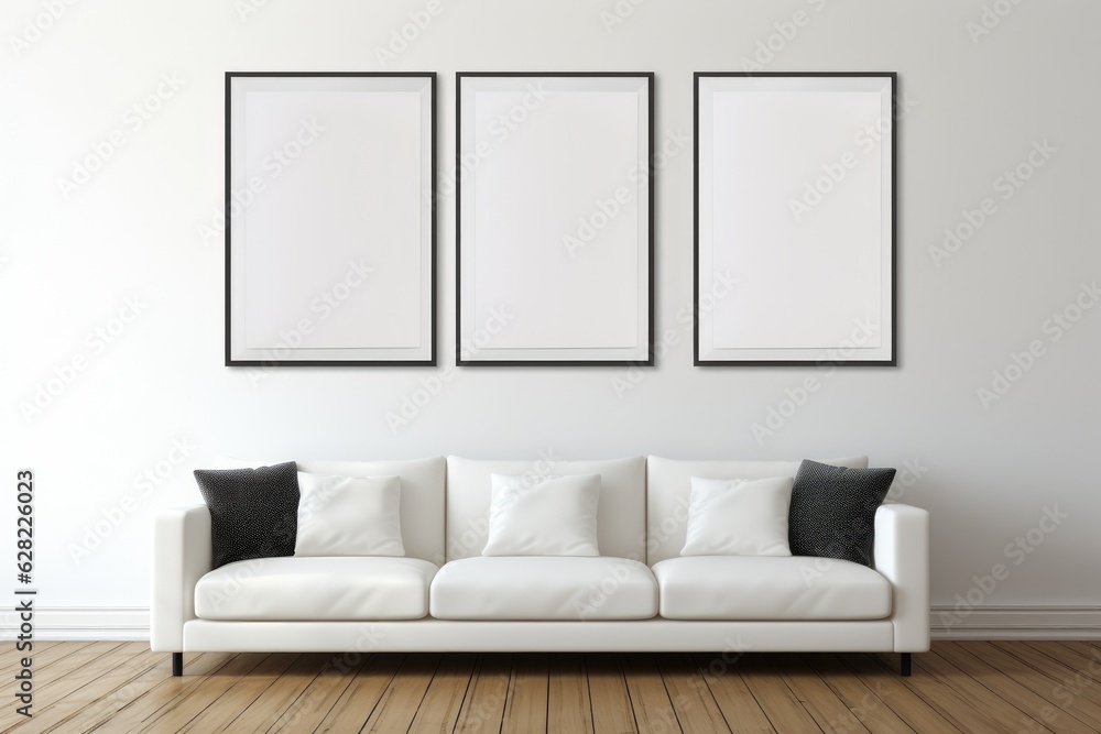 Fototapeta premium Cozy Modern Living Room with Blank Frames. Generative AI