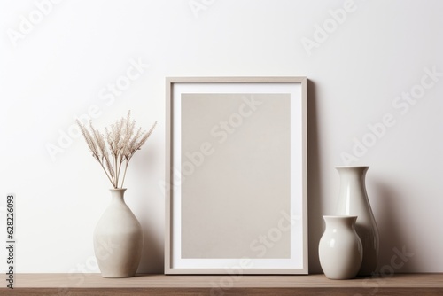 Minimalistic White Frame and Vases on Wooden Shelf. Generative AI