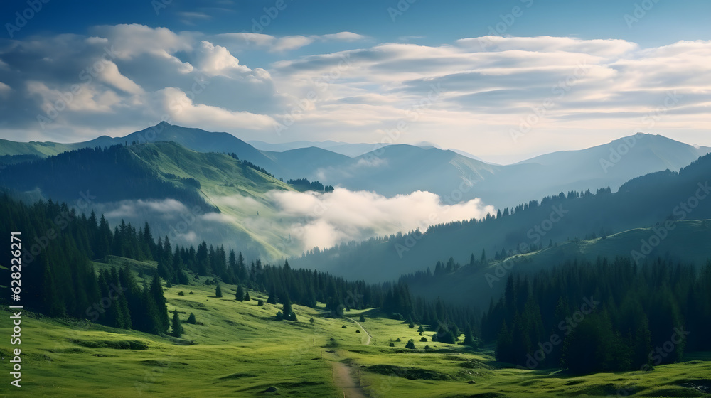 Breathtaking panorama of morning wild nature high in mountains