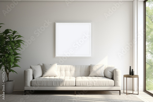 Mock up poster frame in Cozy Modern Living Room with Nature View. Generative AI