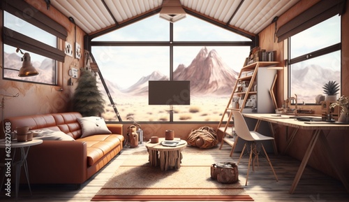 Room in brown colors within a contemporary nomadic hom Generative Ai