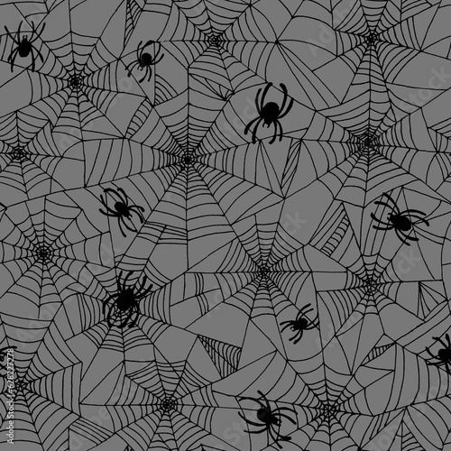 Hand drawn line art seamless halloween pattern with creepy spooky dreadful black spiders on cobweb on grey background.Illustrated backdrop