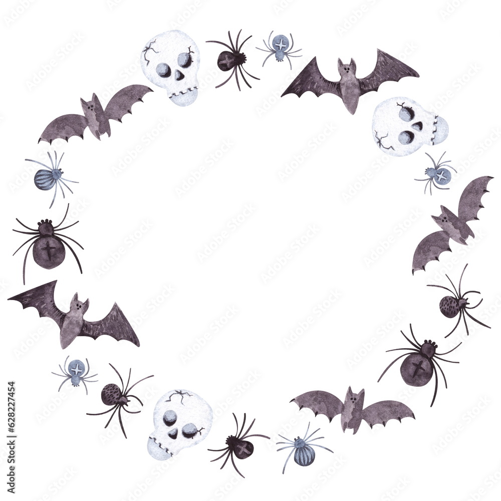 Obraz premium A round frame of watercolor cliparts for Halloween decoration: spider, skull, flying bat, skeleton.
