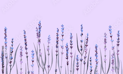 Seamless summer floral border of watercolor hand drawn elements. Delicate lavender branches on a light violet background. For textile design. Not AI.