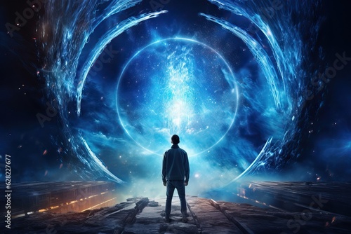 man back view standing in front of huge portal to the parallel universe, ai tools generated image