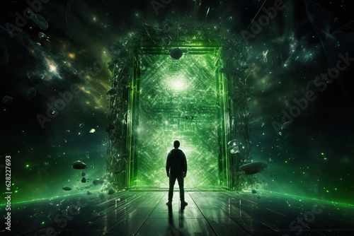 man back view standing in front of huge portal to the parallel universe  ai tools generated image
