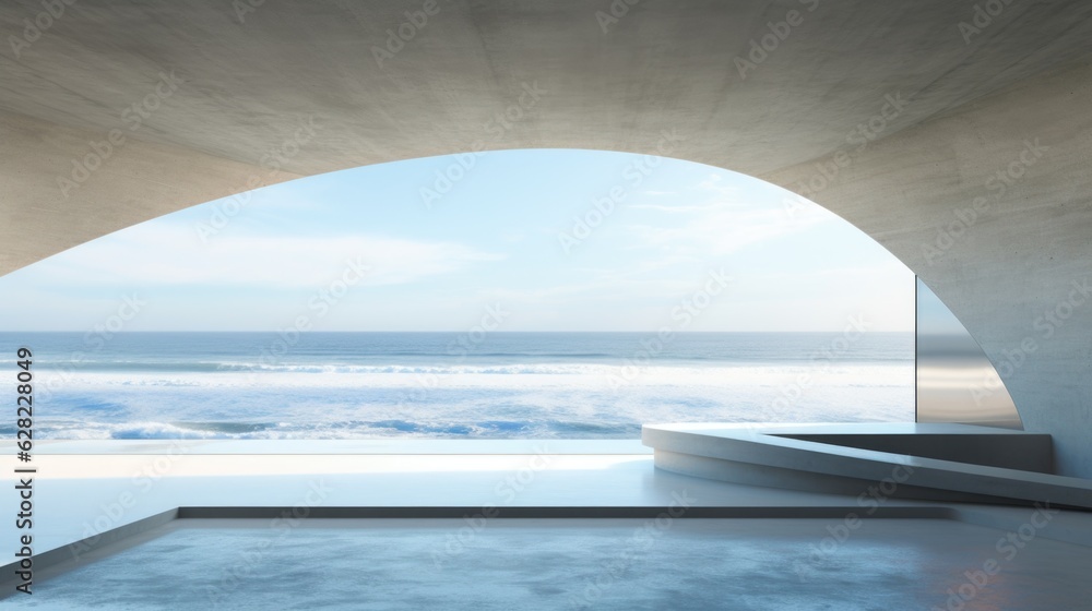 Fototapeta premium Abstract empty minimal open space concrete interior with an ocean view, 3d rendering