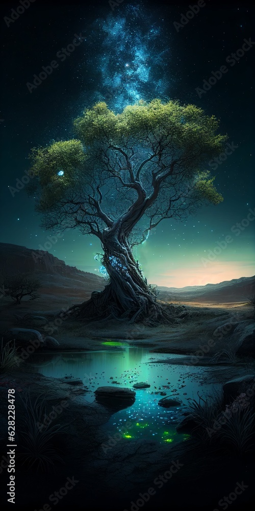 Big tree glowing colorful from night sky and star background Created with Generative AI technology.