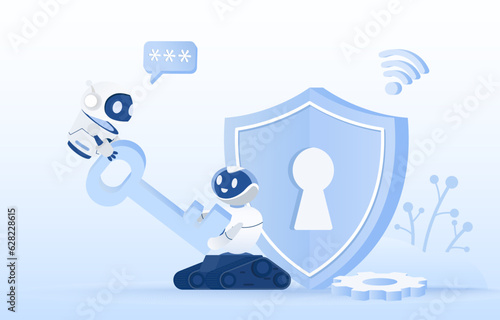 Artificial Intelligence (AI) technology and data protection concept. AI robot holding big key, protect, safety, security, password and other sensitive items from cyber attack. Vector illustration.