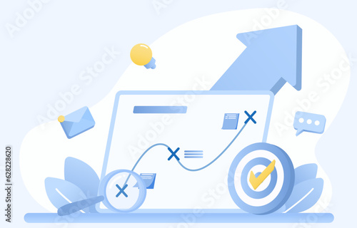 Business ideas concept. Arrow pointing to growth management strategy, tactical plan, set direction, marketing goal, analysis database. Flat vector design illustration.