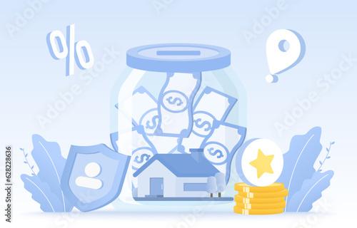 The concept of saving money to buy a house. Elements of financial deposit, investment, asset growth, planning, stability, wealth and earning income to achieve own home. Vector design illustration.