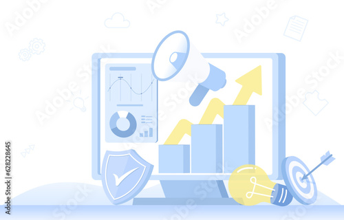 Business ideas concept. Data analysis, start up planning, marketing strategy, infographic information, advertisement. Flat vector design illustration.