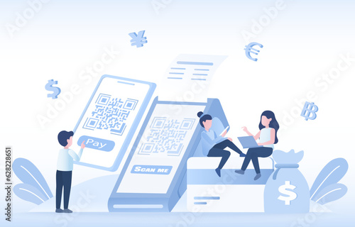 NFC (Near Field Communication) easy payment concept. Online payment, scan QR code on EDC machine to buy. Financial transaction, transfer money, exchange currency. Flat vector design illustration.