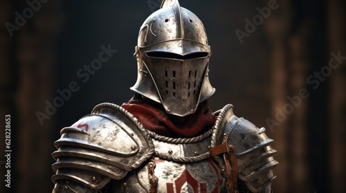 Medieval knight in shiny steel armor, close up