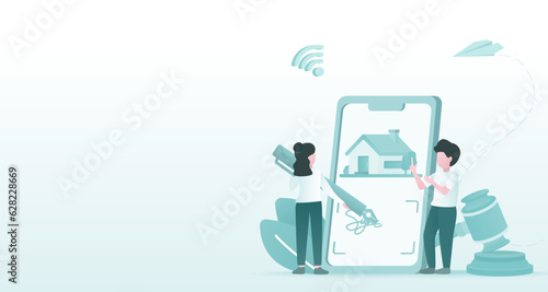 Online signing signature contract. Business people signing electronic legally binding document on mobile device, real estate mortgage, rent, purchase to manage contracts. Vector illustration.