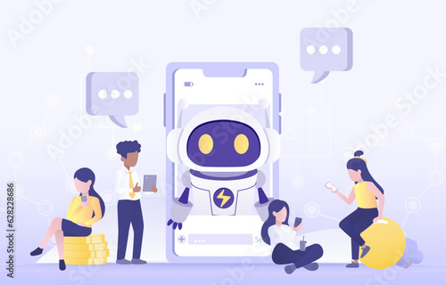Artificial intelligence network concept. Online communication with AI assistant. Business people chat with robot virtual assistant, discuss planning and thinking for business development and success.