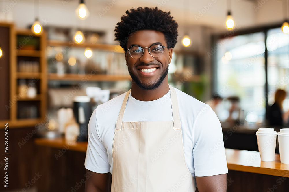 African american barista wearing apron working at the counter in cafe indoors African american barista wearing apron working at the counter in cafe indoors