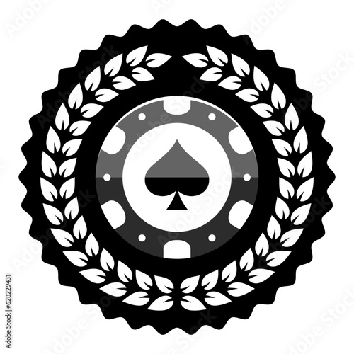 Poker chip logo and laurel wreath. Spades sign. Gambling emblem. Casino games.