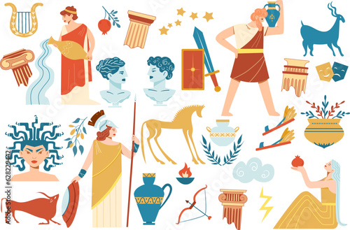Vector illustration of a bunch of antique signs and symbols. Symbols of the gods of ancient Greece. Elements of mythology. Gods, animals, vases and columns.