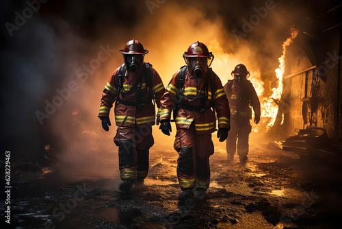 Heroic team of professional firefighters on the background of a wall of fire. Generative AI illustration © colnihko