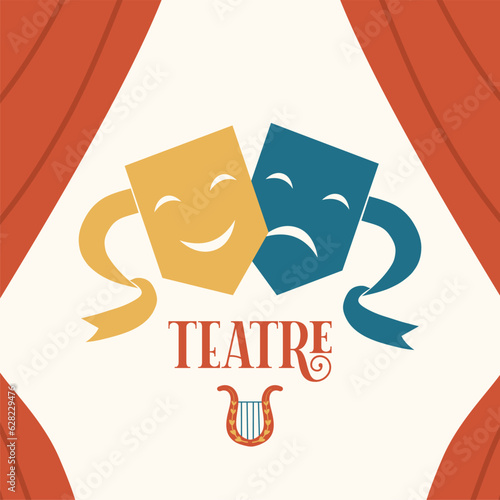 Illustration of the theater. The mask of comedy and tragedy on the background of a red curtain. Theatrical performance, show.