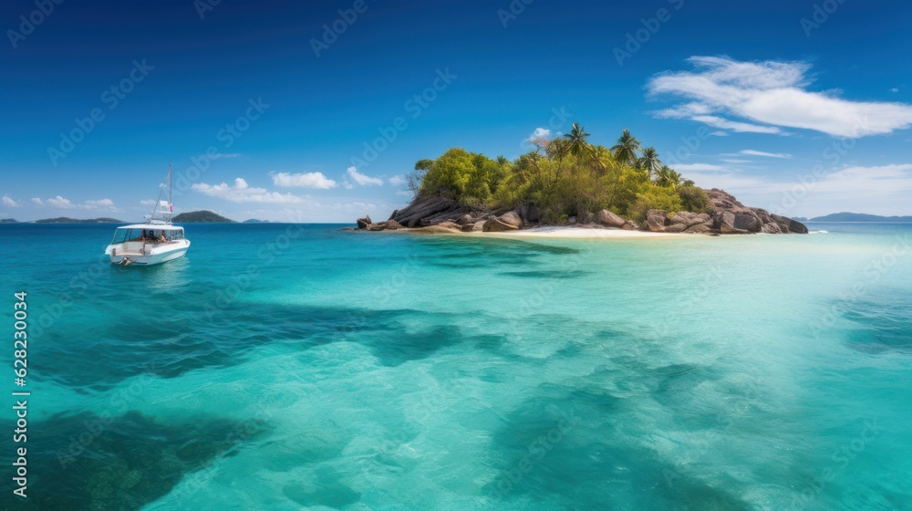 Fototapeta premium Tropical island in the ocean with palm trees and clear water Created with Generative AI technology.