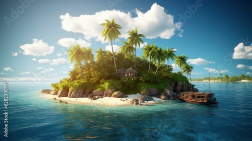 Tropical island in the ocean with palm trees and clear water Created with Generative AI technology.