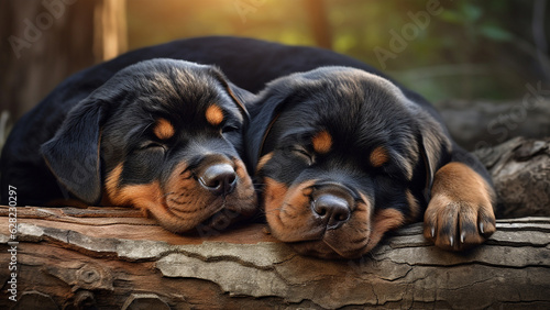 Two Rottweilers sleeping together