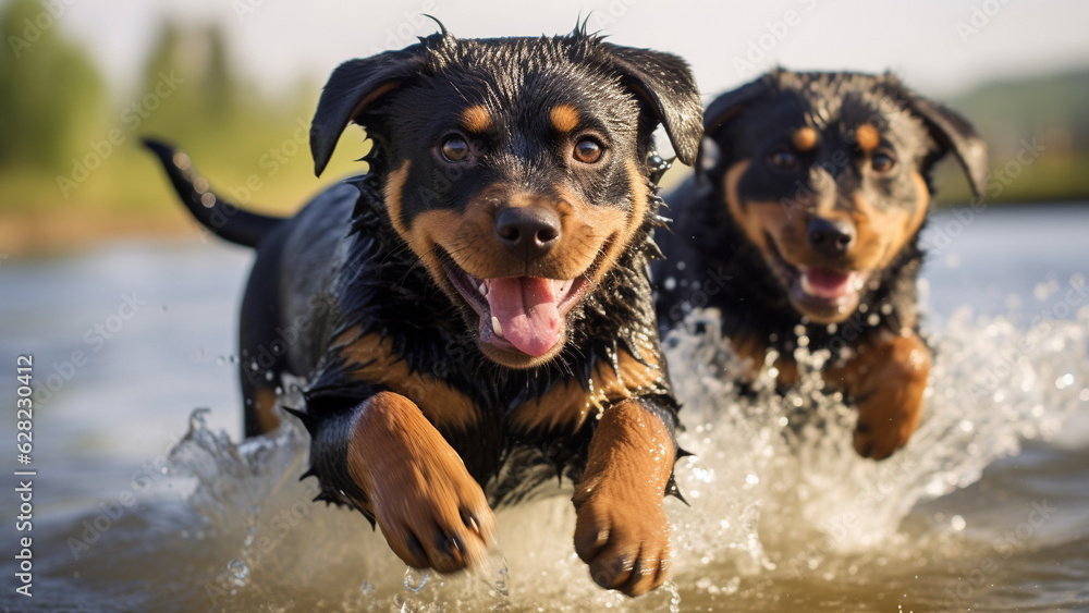 Two Rottweilers playing together in the lake Two Rottweilers playing together in the lake