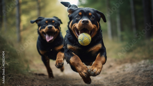 Two Rottweilers chasing the ball togerher