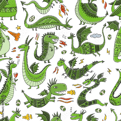Funny Dragons family, seamless pattern background for your design. Symbol of ...