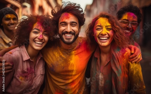 Indian Friends Celebrating Holi. Generative AI