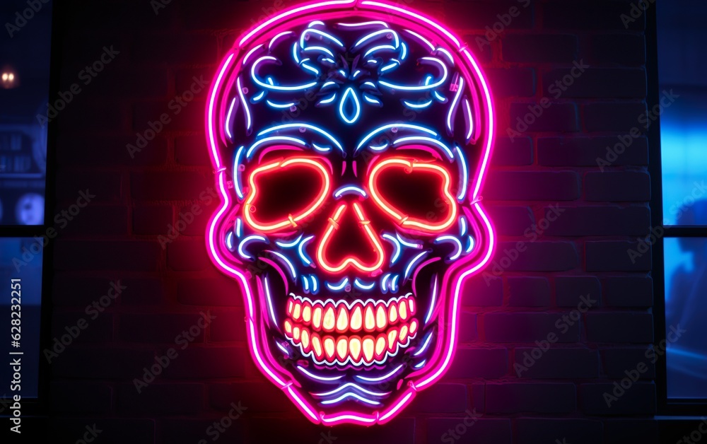 Neon skull glowing on brick wall background Neon skull glowing on brick wall background