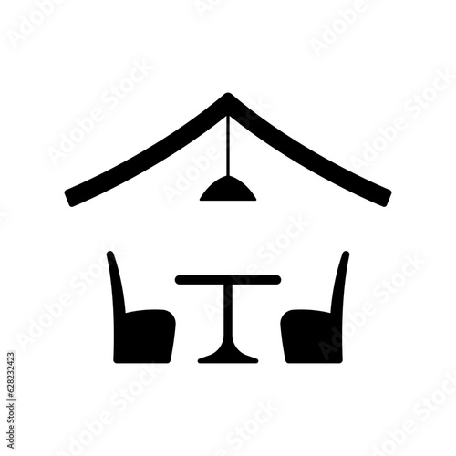 Table and chairs icon. House, cafe, gazebo. Black silhouette. Front side view. Vector simple flat graphic illustration. Isolated object on a white background. Isolate.
