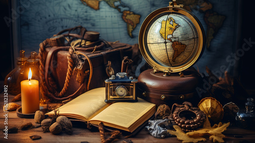 Vintage World Globe, Suitcase, Compass, Telescope, Book, Rope And Anchor. Generative Ai