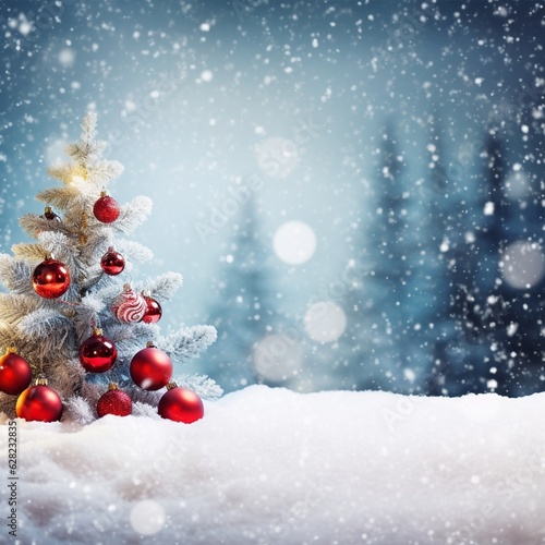 Beautiful Festive Christmas snowy background. Christmas tree decorated with red balls and knitted toys in the forest in snowdrifts in snowfall outdoors, banner format, copy space.