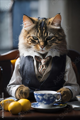 working prepositional pro cat drinking tea photo